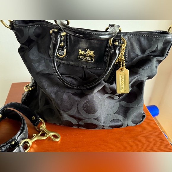 Coach Handbags - Coach Black Signature Canvas Ashley Top Handle Bag